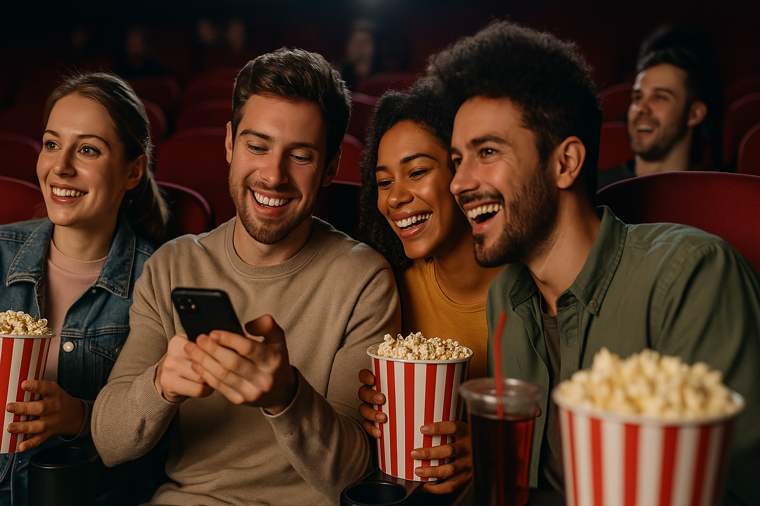 Personas en un cine moderno disfrutando con palomitas