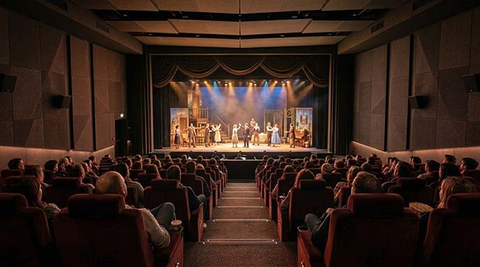 Interior de un teatro clásico con escenario iluminado